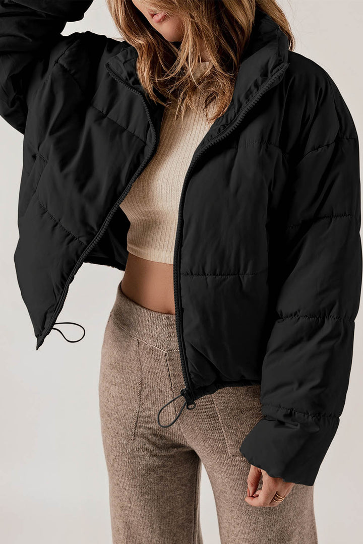 Black Zip Up Drawstring Hem Puffer Jackets