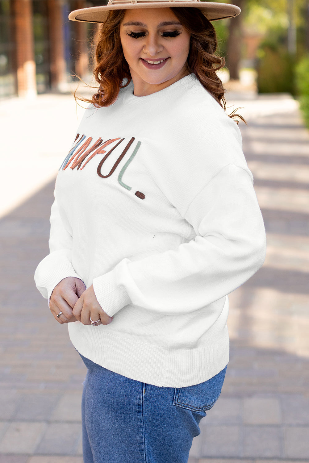 White Plus Size Thankful Ivory Embroidered Sweater