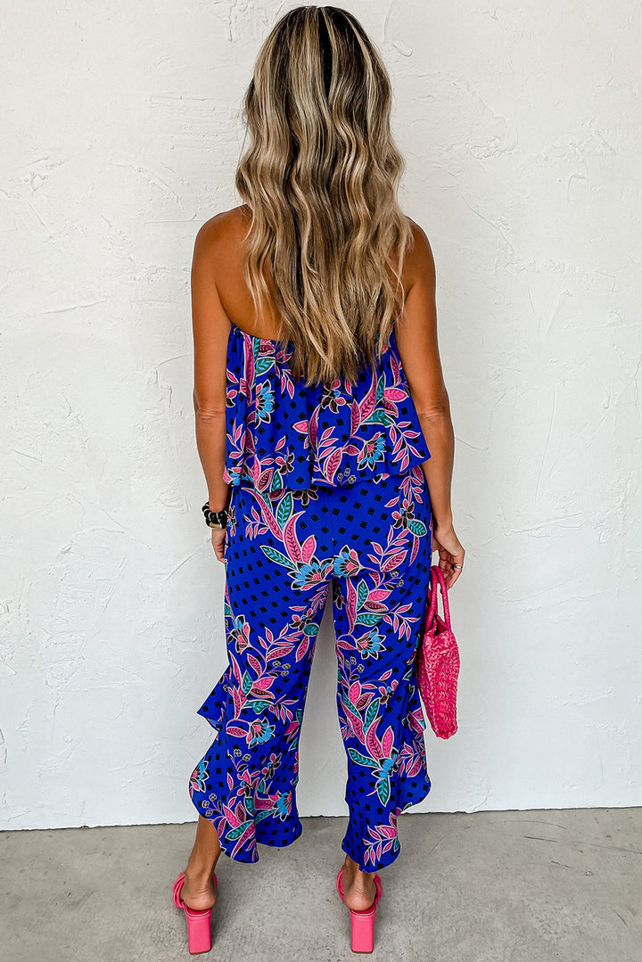 Blue Mix Tropical Print Strapless Ruffled Jumpsuit