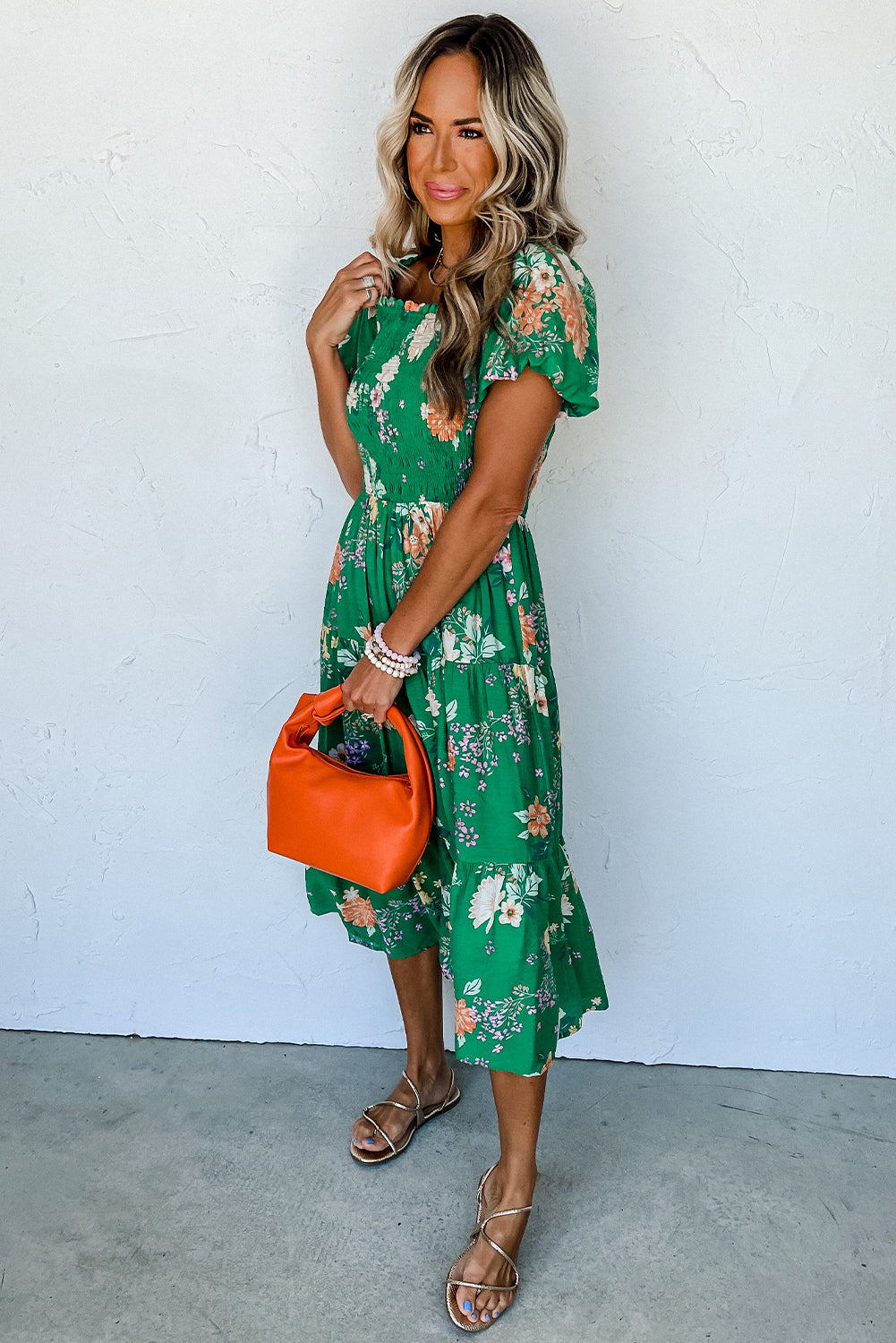 Green Floral Print Bubble Sleeve Smocked Tiered Midi Dress