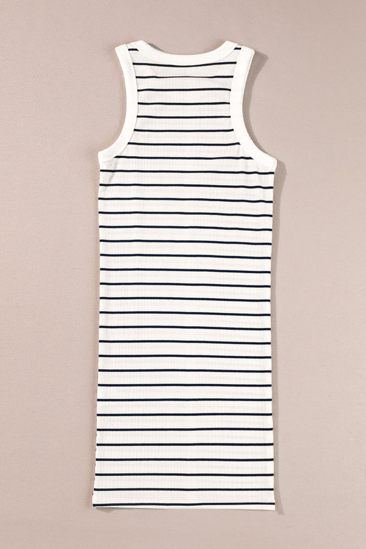 White Stripe Ribbed Knit Tank Mini Dress