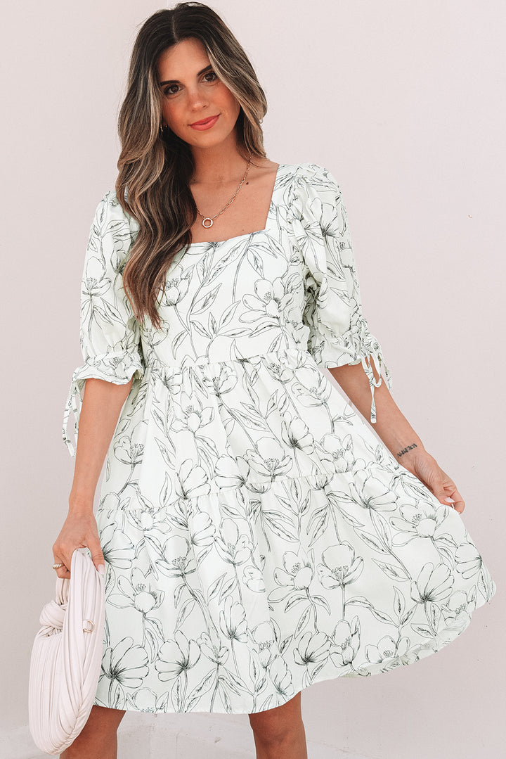 Beige Floral Print Square Neck Shirred Back Puff Sleeve Mini Dress