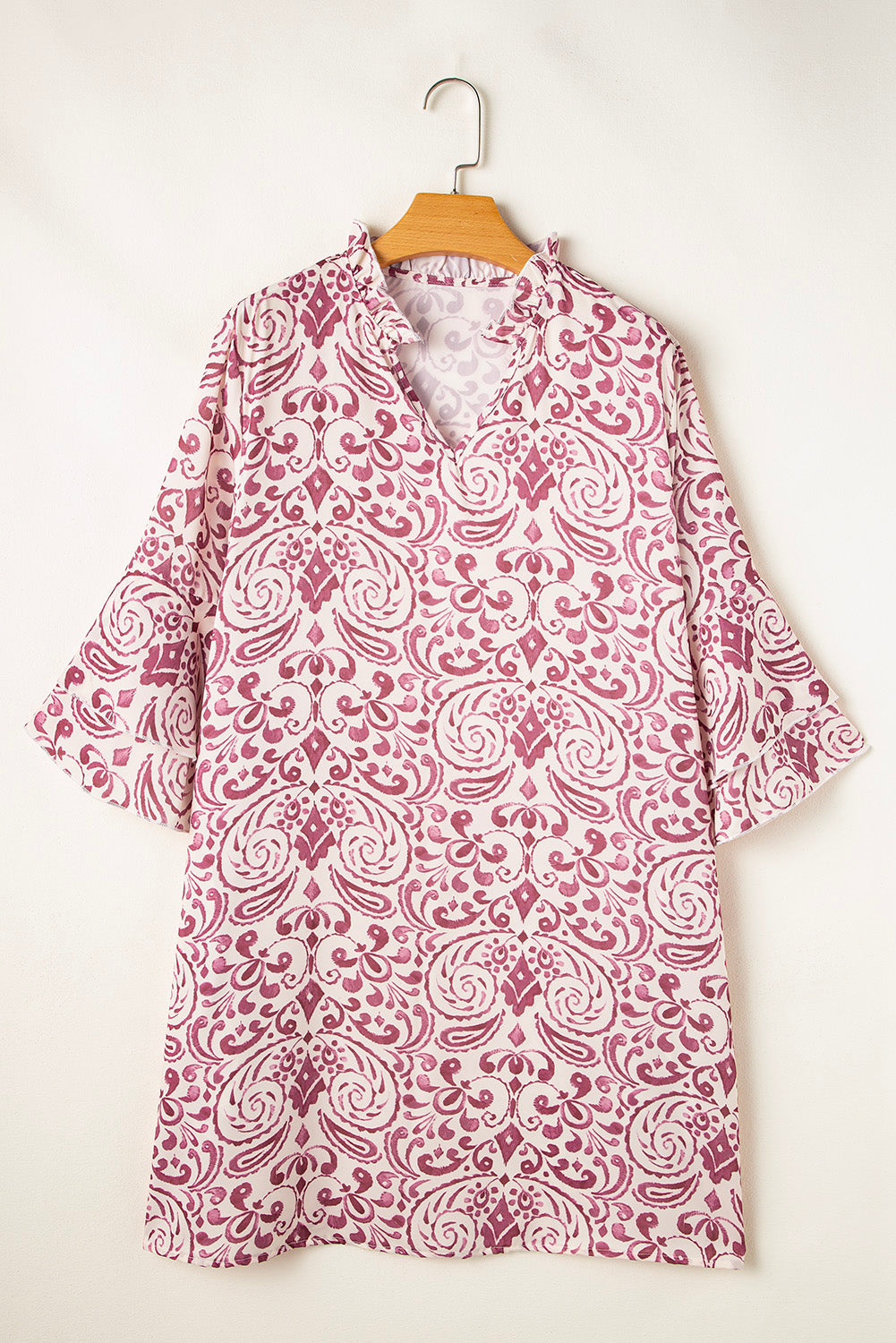 Pink Paisley Print Tiered 3/4 Sleeve Notched Neck Mini Dress