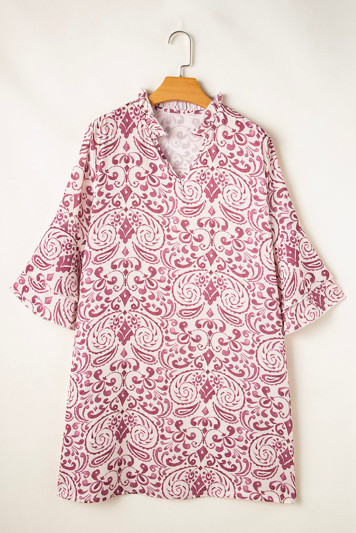 Pink Paisley Print Tiered 3/4 Sleeve Notched Neck Mini Dress