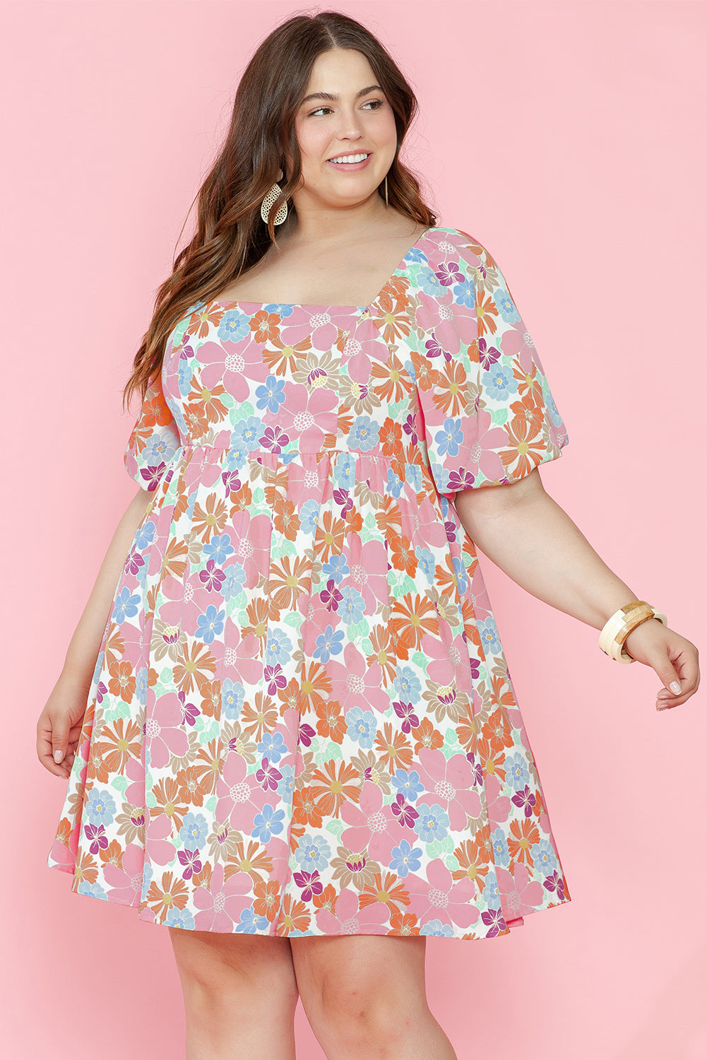 Multicolour Floral Puff Sleeve Square Neck Plus Babydoll Dress