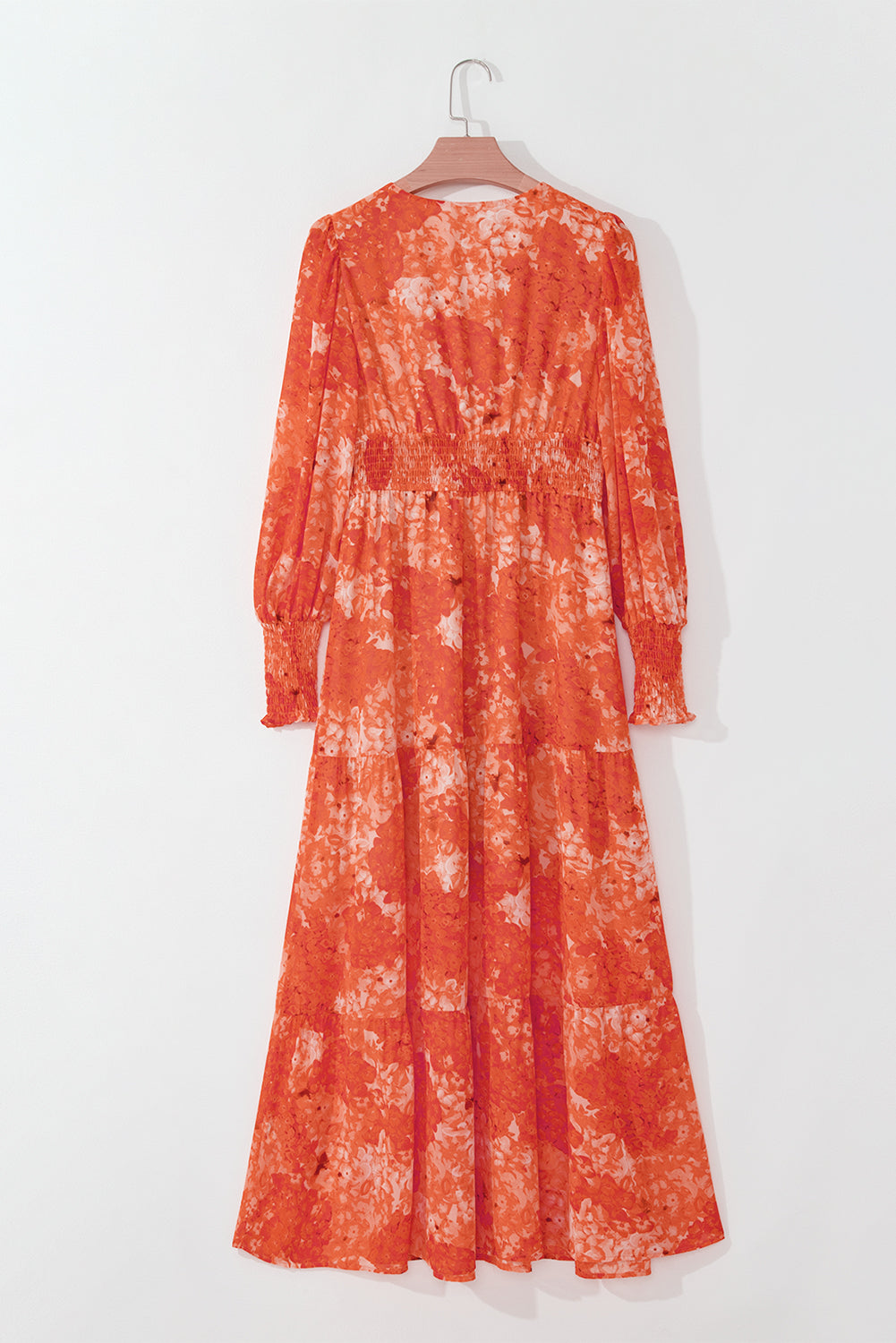 Orange Boho Floral Bishop Sleeve V Neck Tiered Maxi Dress