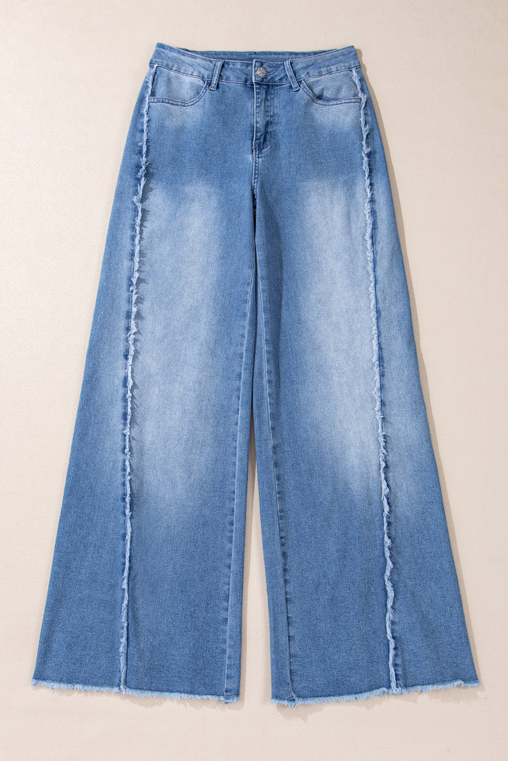 Beau Blue Vintage Stitching Raw Hem Flared Jeans