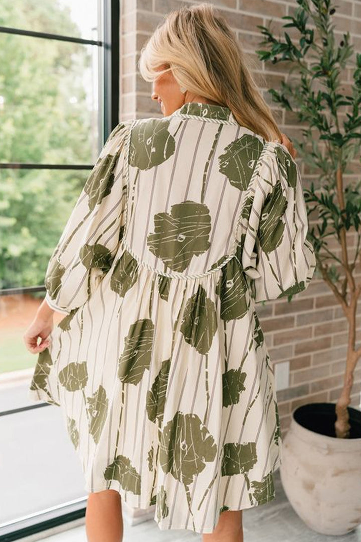 Guacamole Green Floral Striped Print Contrast Piping Puff Sleeve Dress