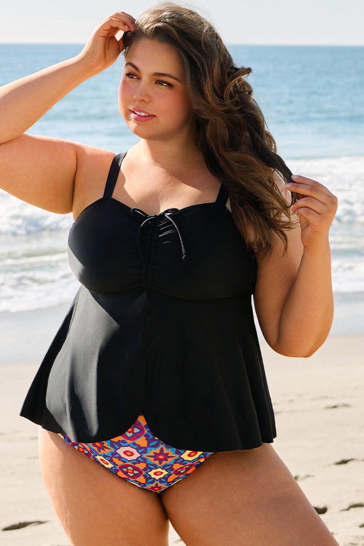 Black Drawstring Tied Front Flared Top Geometric Print Bottom Plus Size Tankinis