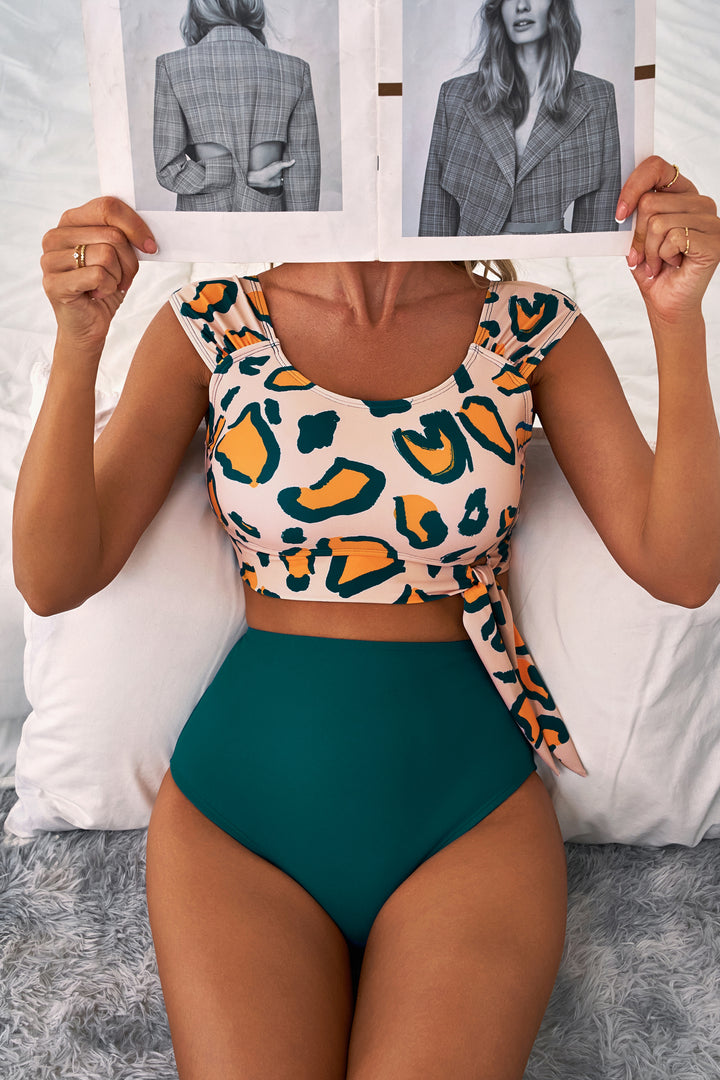 Green Leopard Print U Neck Knotted High Waist Bikini Set