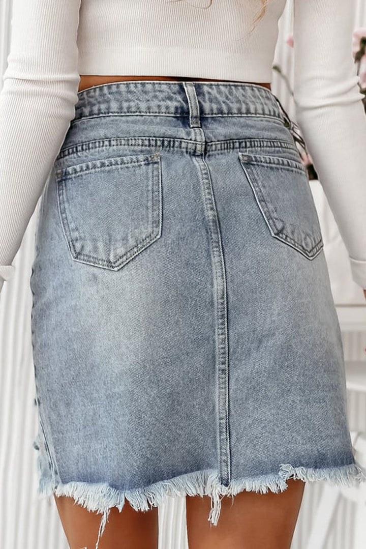 Beau Blue Shimmer Heart Pattern Distressed Denim Mini Skirt