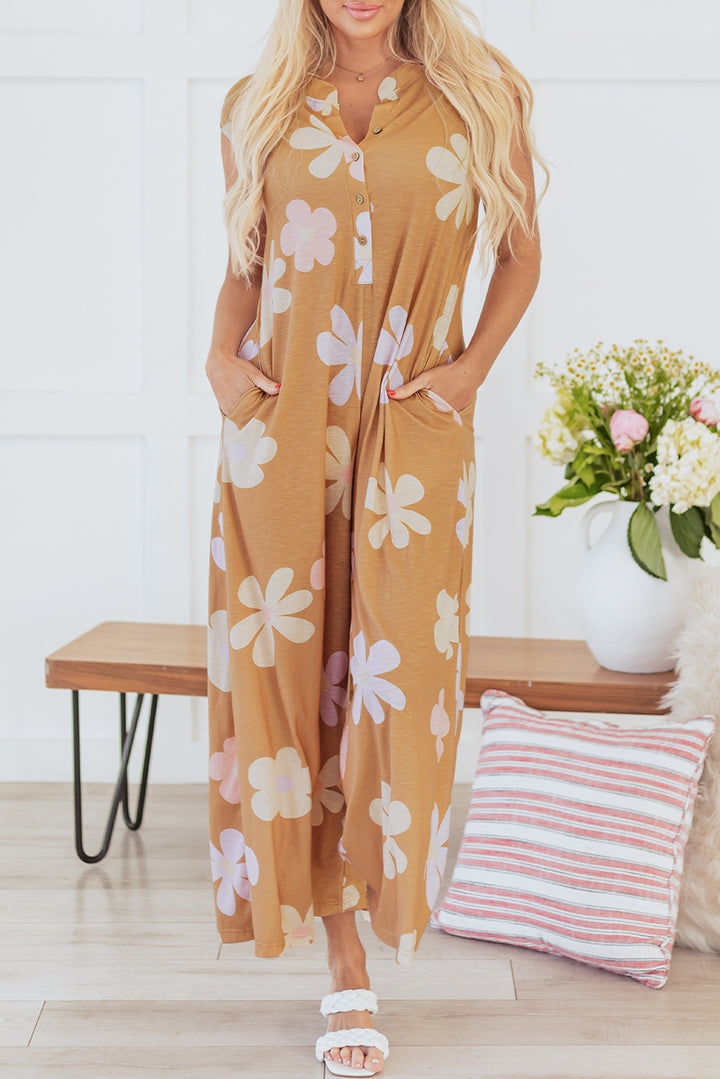 Khaki Floral Print Sleeveless Button up Wide Leg Loose Jumpsuit