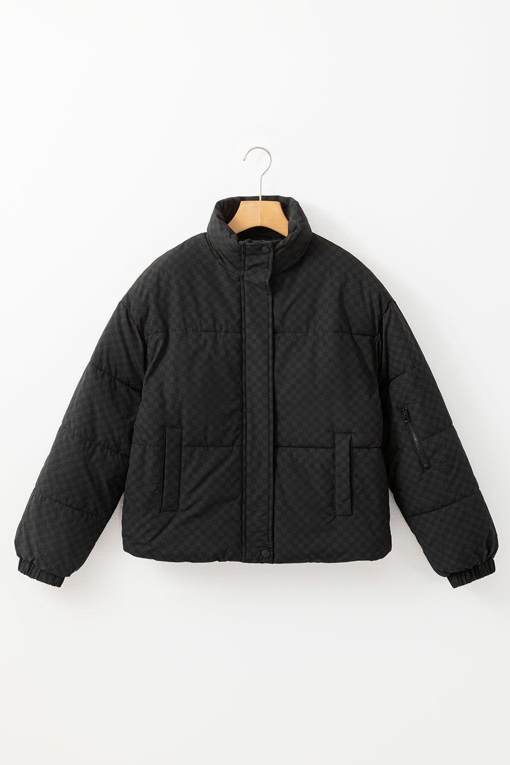 Black Checkerboard Full Zipper Puffer Jacket