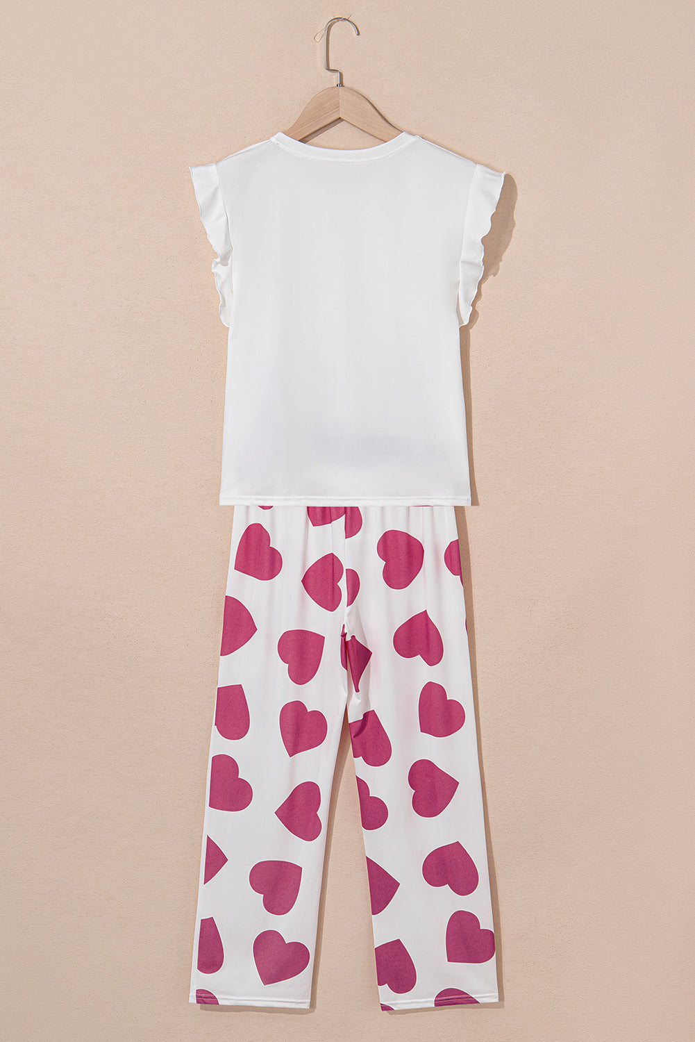 Pink Ruffled Tank Top And Heart Print Pants Lounge Set