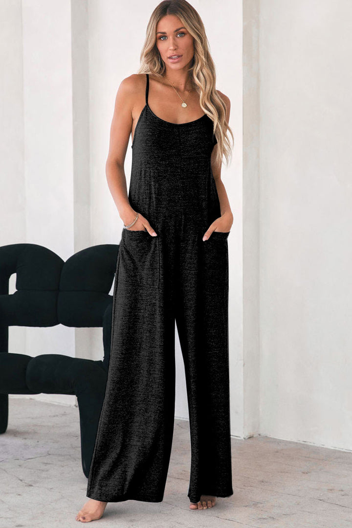 Black Patch Pockets Spaghetti Strap Wide Leg Jumpsuit