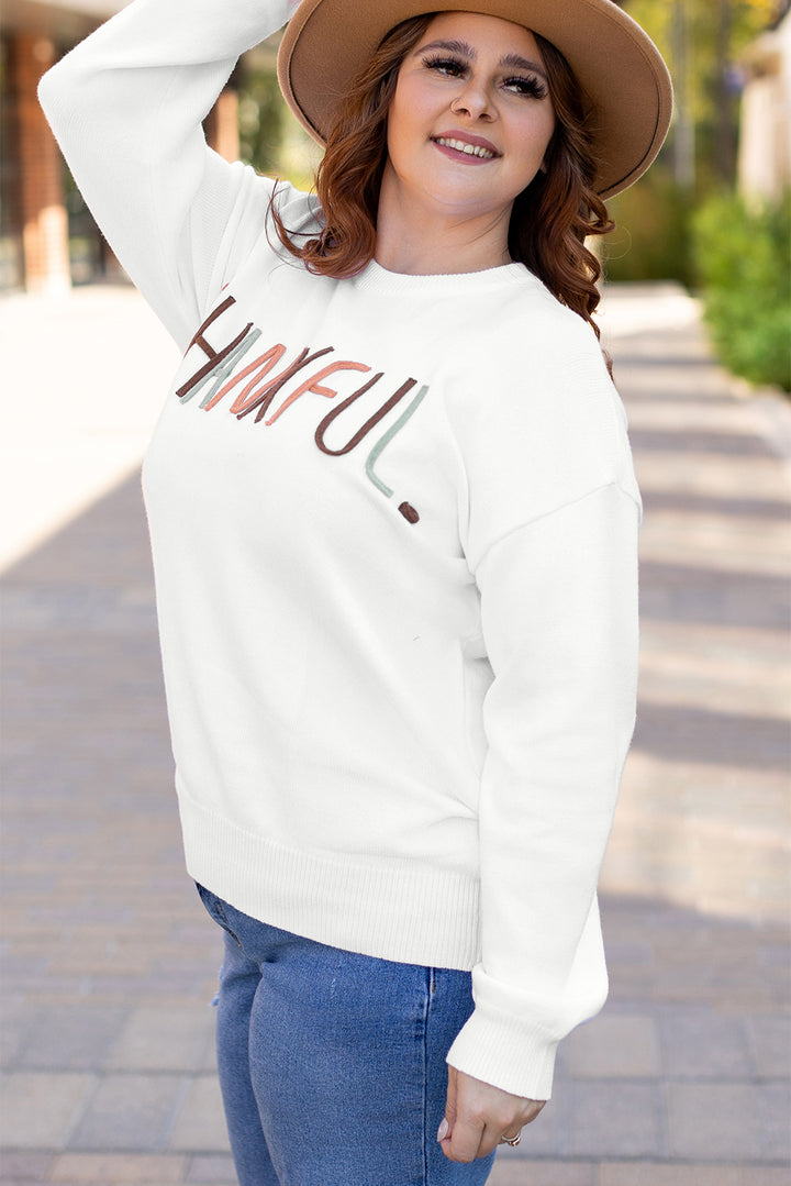 White Plus Size Thankful Ivory Embroidered Sweater