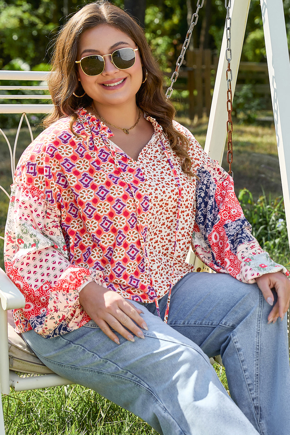 Orange Floral Geometric Patchwork Lace-up Crewneck Plus Size Blouse