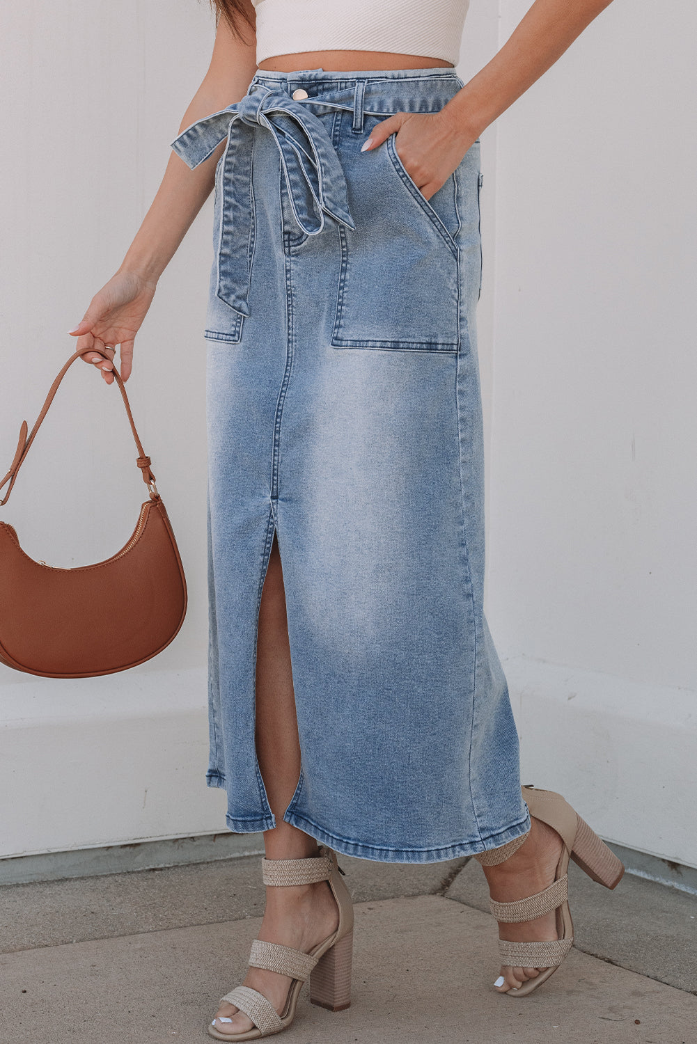 Dusk Blue Light Wash Belted High Waist Midi Denim Skirt