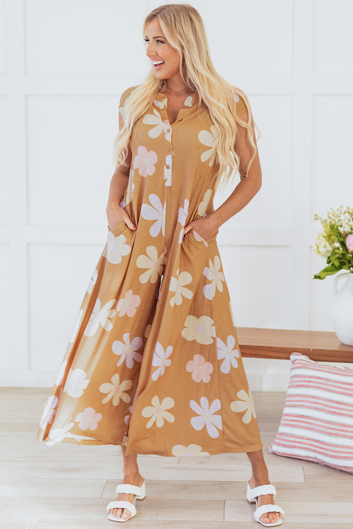 Khaki Floral Print Sleeveless Button up Wide Leg Loose Jumpsuit