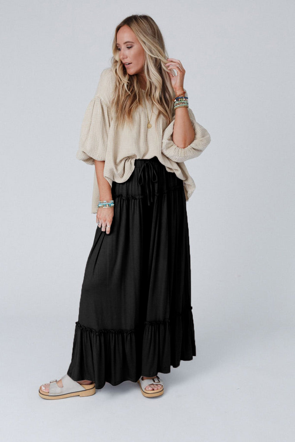 Black Frilled Drawstring High Waist Wide Leg Pants