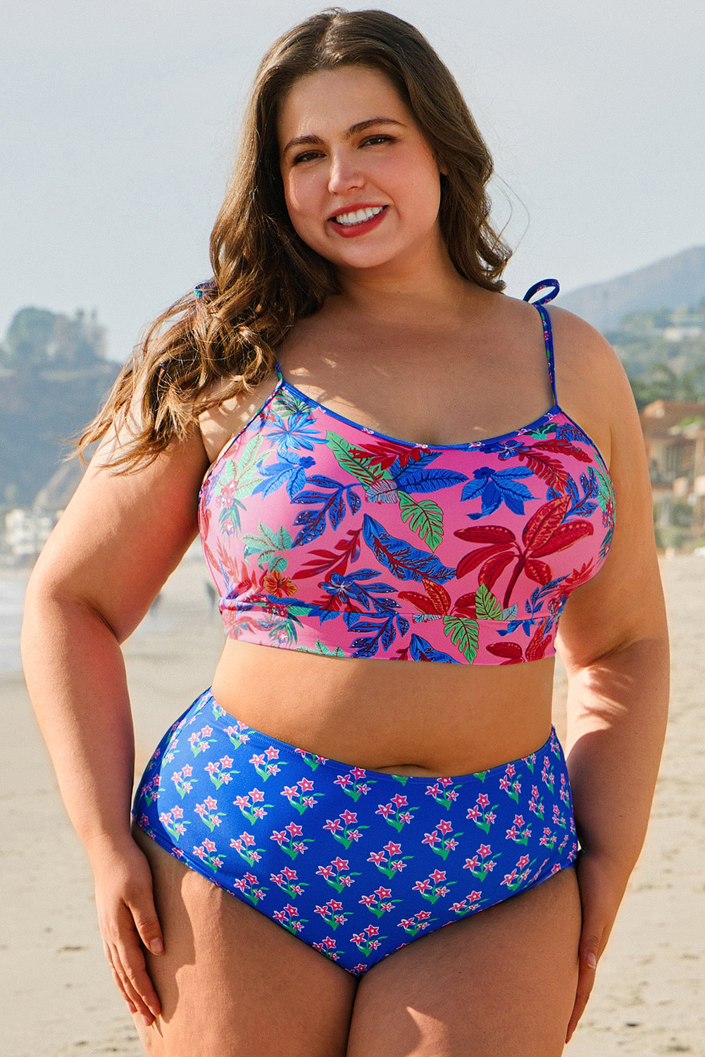 Blue Fashion Print Tied Straps Crop Vest and High Waist Plus Size Bikini