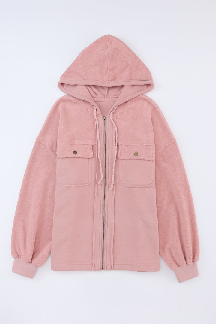 Pink Flap Pocket Drawstring Hood Zip Up Jacket