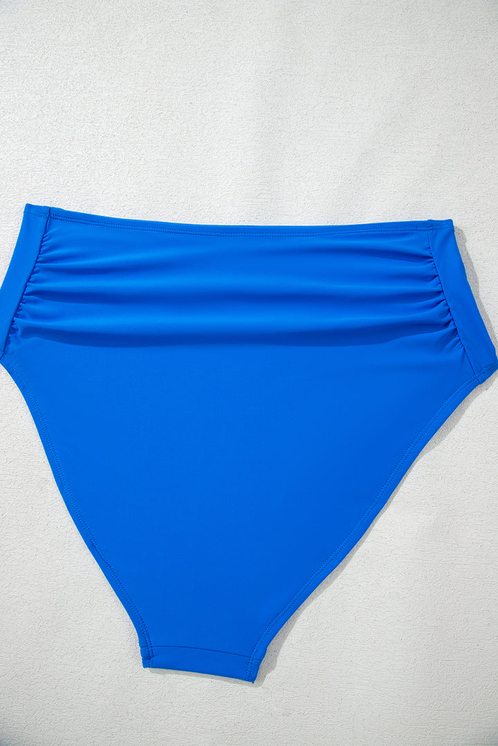 Blue Colorblock Square Neck Top Pleated High Waisted Bikini