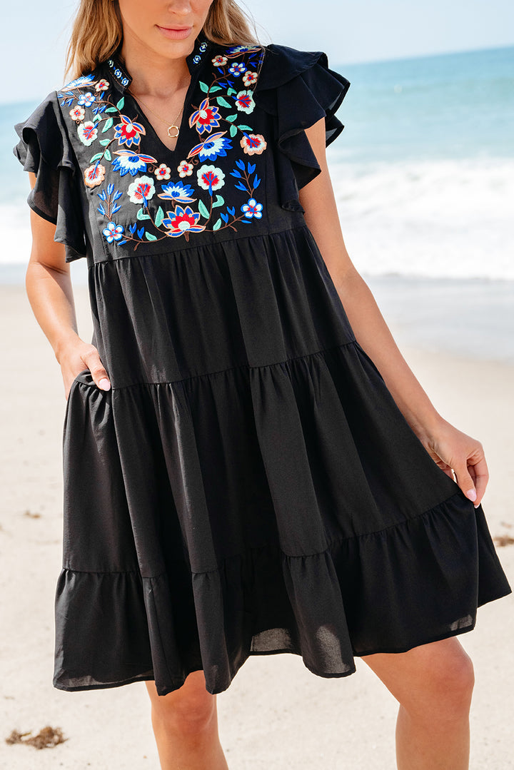 Black Floral Embroidered Tiered Ruffled Mini Dress