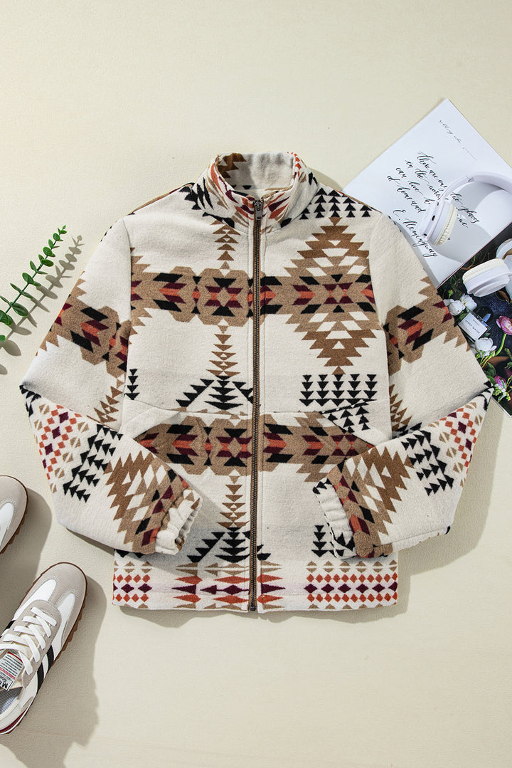 Beige Aztec Printed Stand Neck Zip Up Jacket