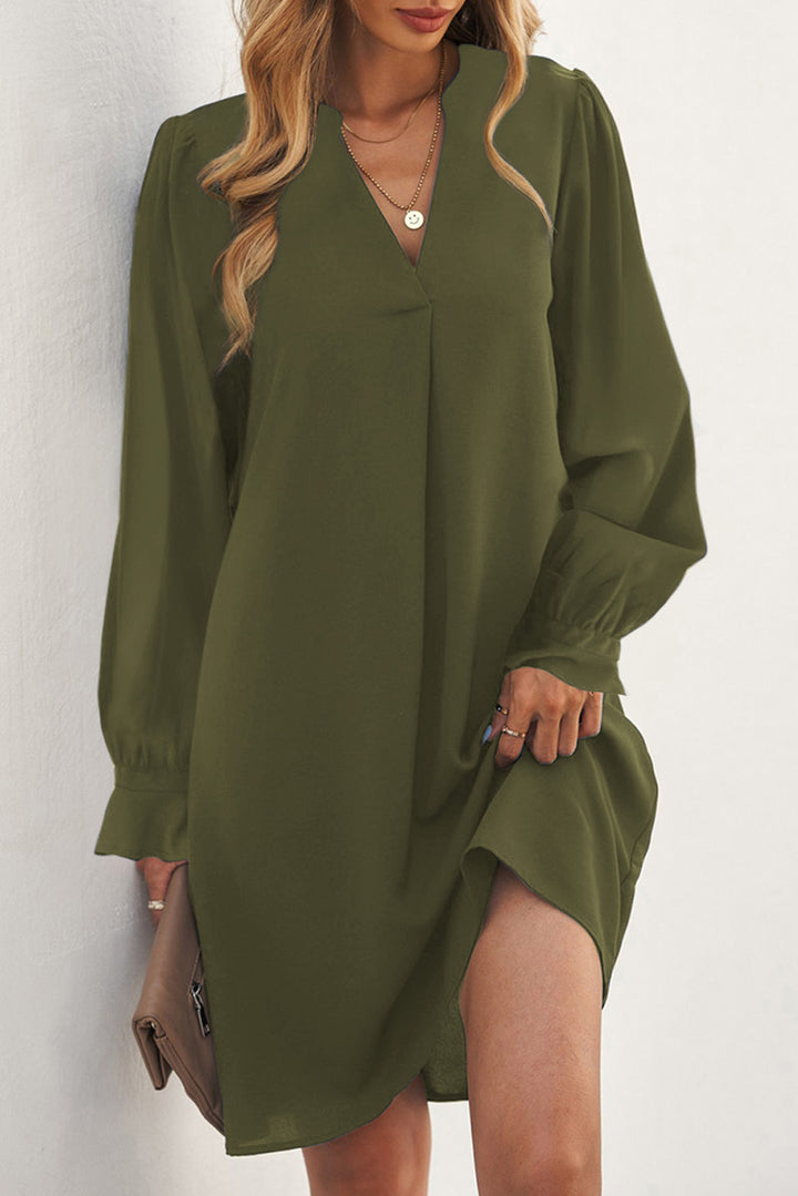 Green Split V Neck Ruffled Sleeves Shirt Dress