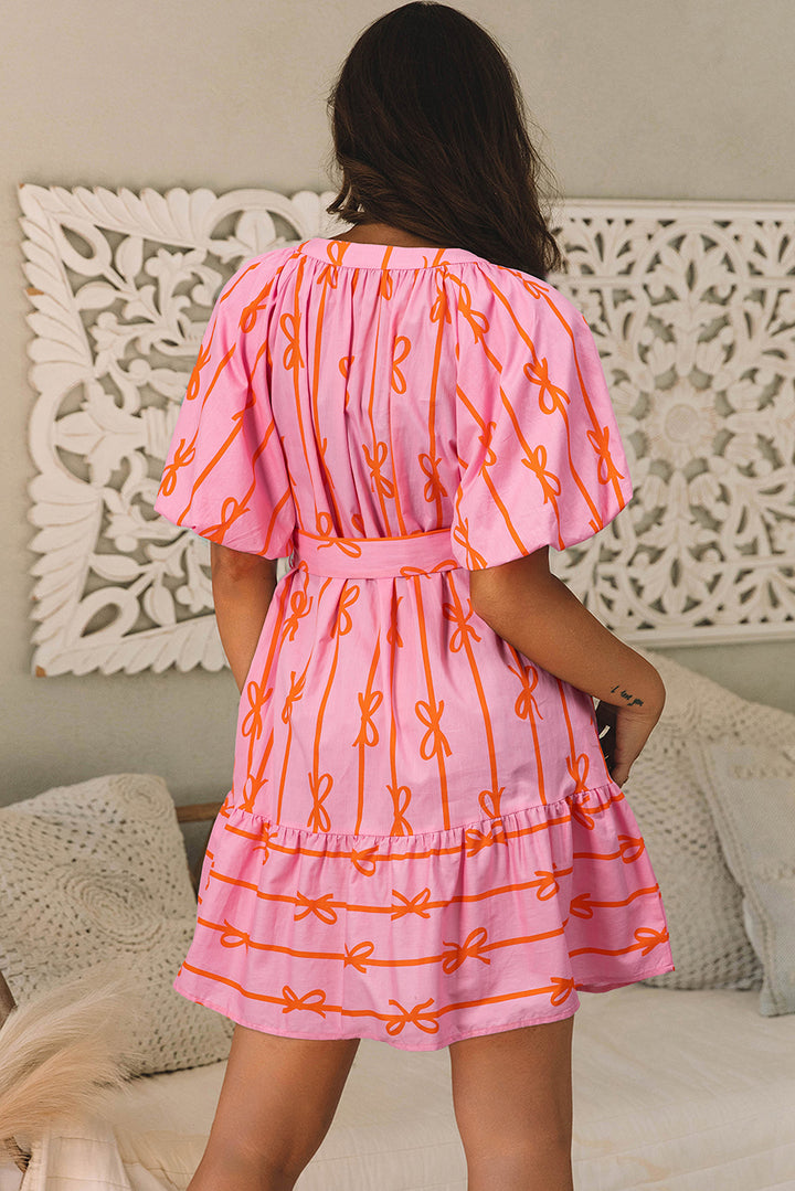 Pink Bowknot Striped Printed Bubble Sleeve Buttoned Belted Mini Dress