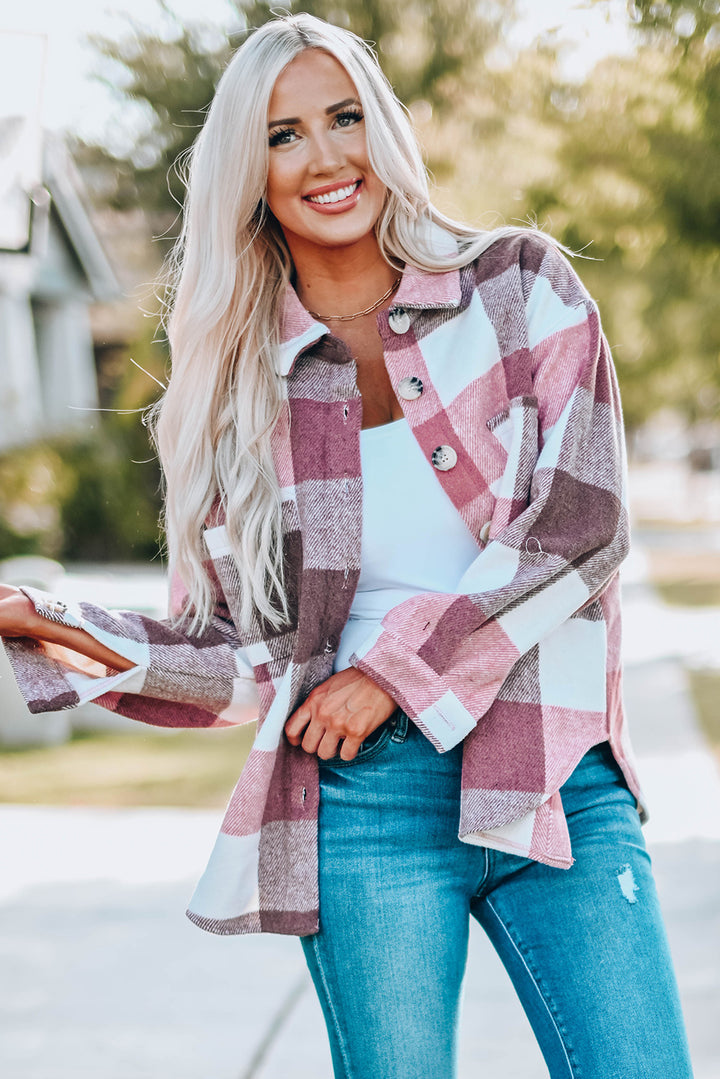 Plaid Color Block Buttoned Long Sleeve Jacket with Pocket