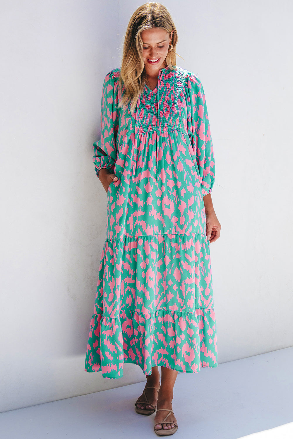 Green Abstract Print Puff Sleeve Tied Notched Neck Long Dress