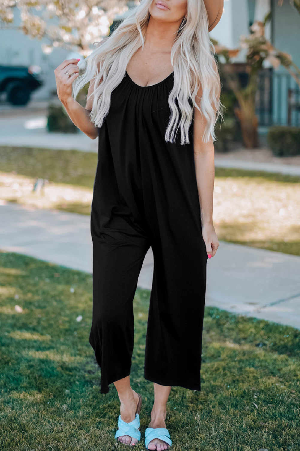 Black Spaghetti Straps Wide Leg Pocketed Jumpsuits