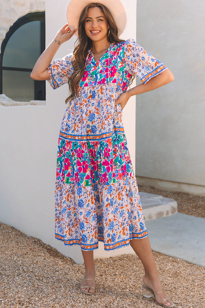 Sky Blue Mixed Floral Print Tie Split Neck Short Sleeve Dress