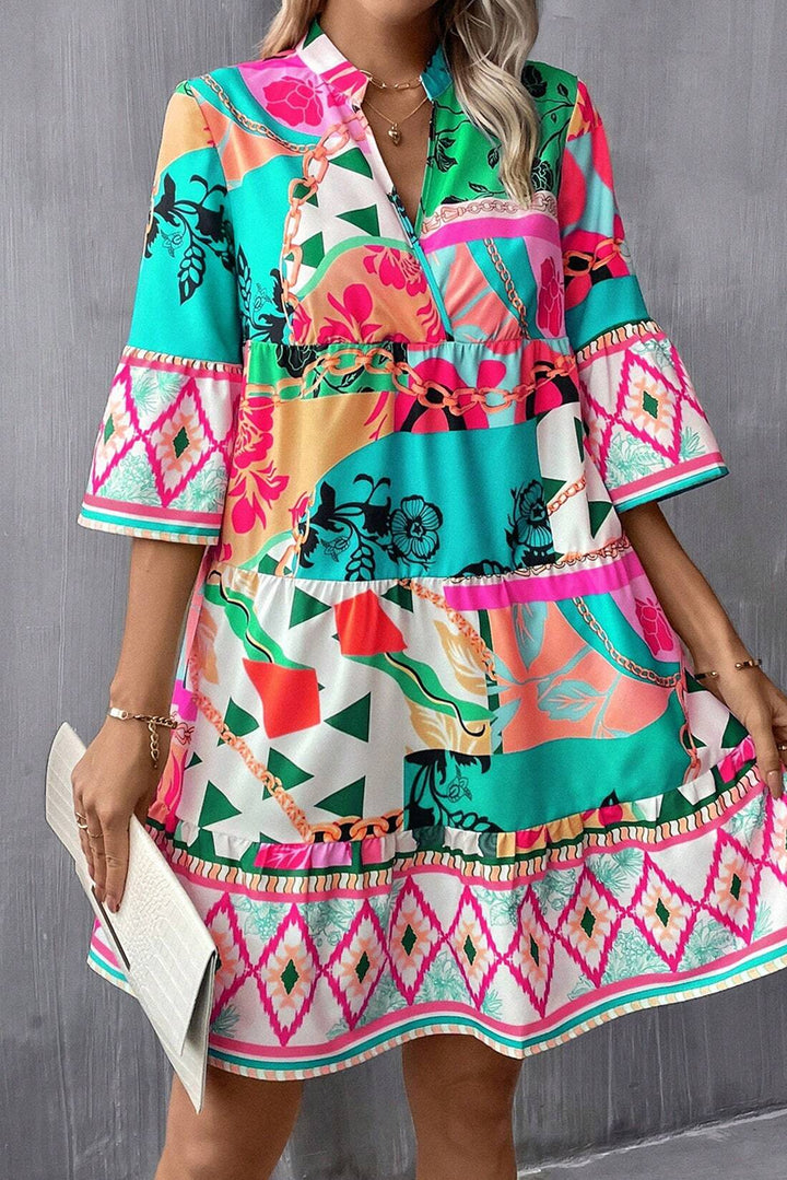 Multicolour Abstract Printed Half Sleeve Notched Neck Mini Dress