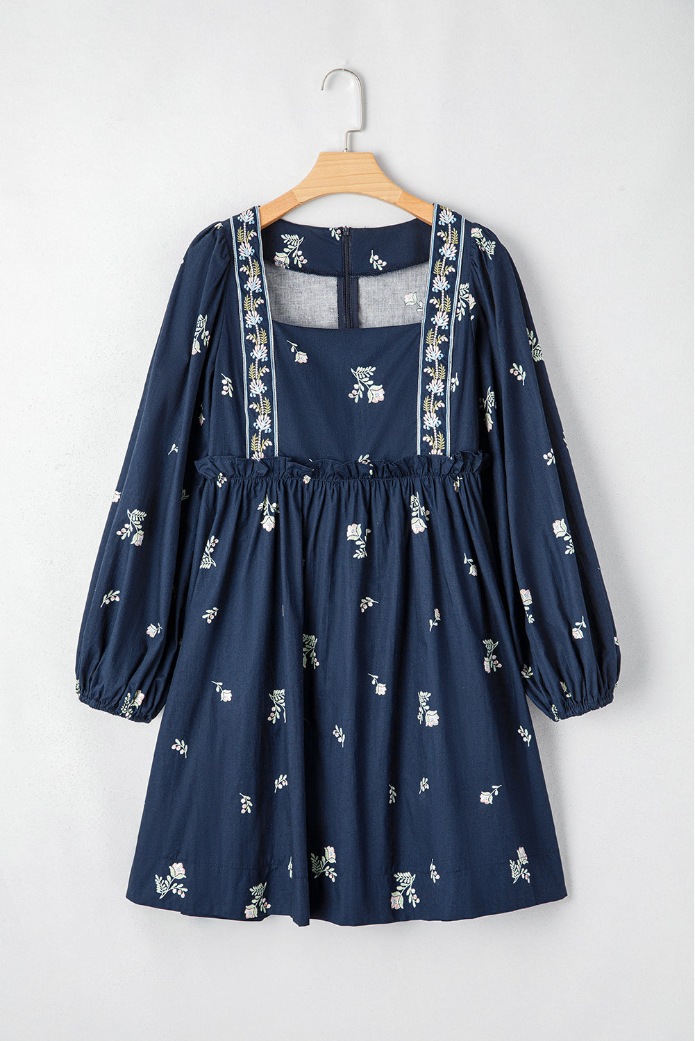 Blue Floral Embroidered Square Neck Puff Sleeve Ruffled Mini Dress