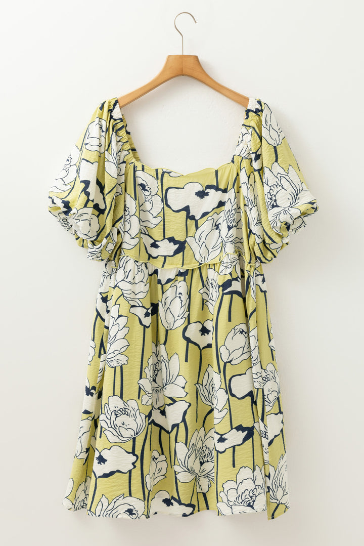 Green Plus Size Floral Print Shirred Square Neck Puff Sleeve Dress