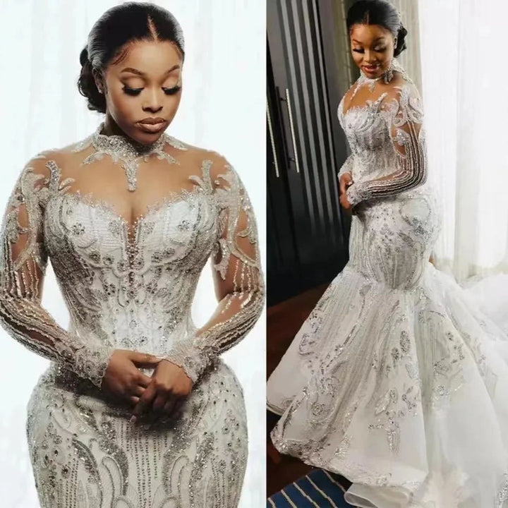 Wedding Dress African Bridal Lace Long Sleeve Fishtail