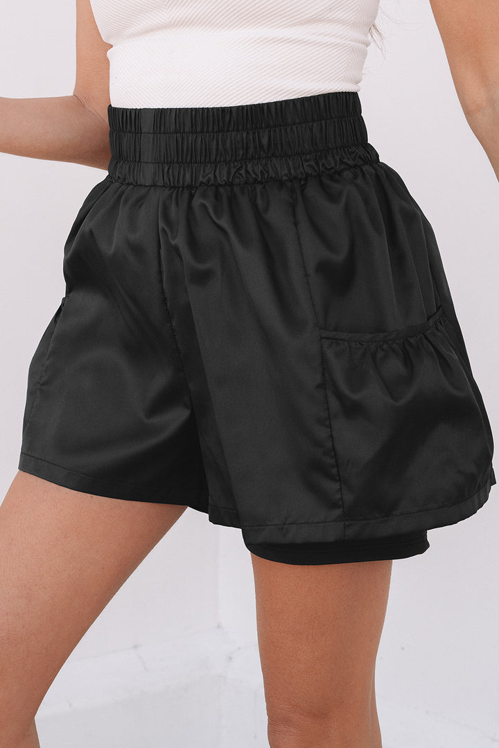 Black Elastic High Waist Pocketed Casual Shorts