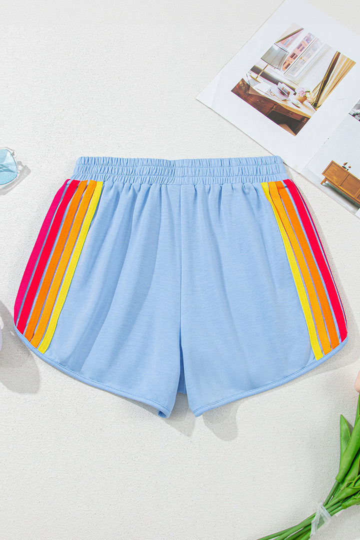 Beau Blue Color Block Stripes Elastic High Waist Active Shorts