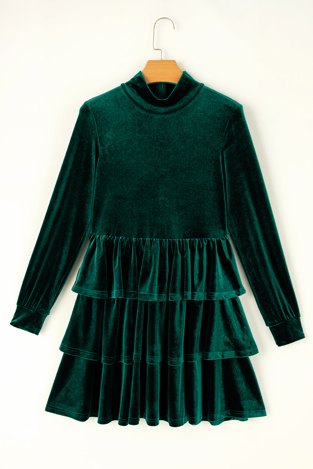 Evergreen Velvet High Neck Tiered Ruffle Mini Dress