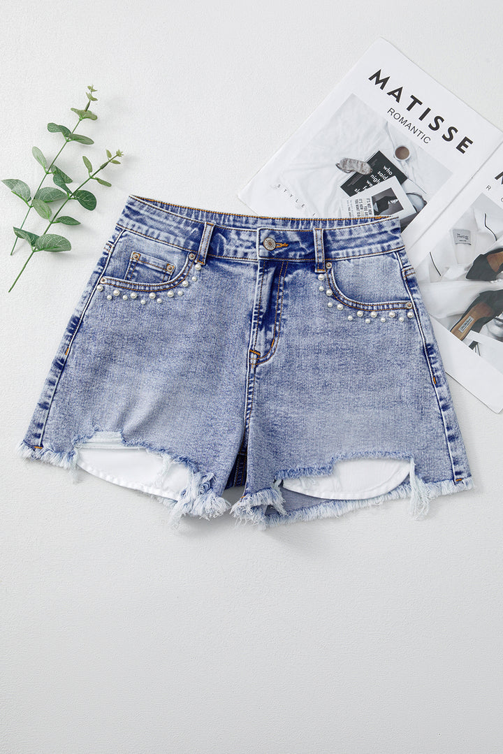 Beau Blue Pearl Studded Pockets Raw Hem Denim Shorts