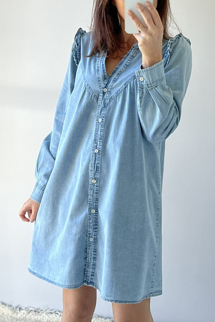 Myosotis Ruffled V Neck Buttoned Shift Denim Dress