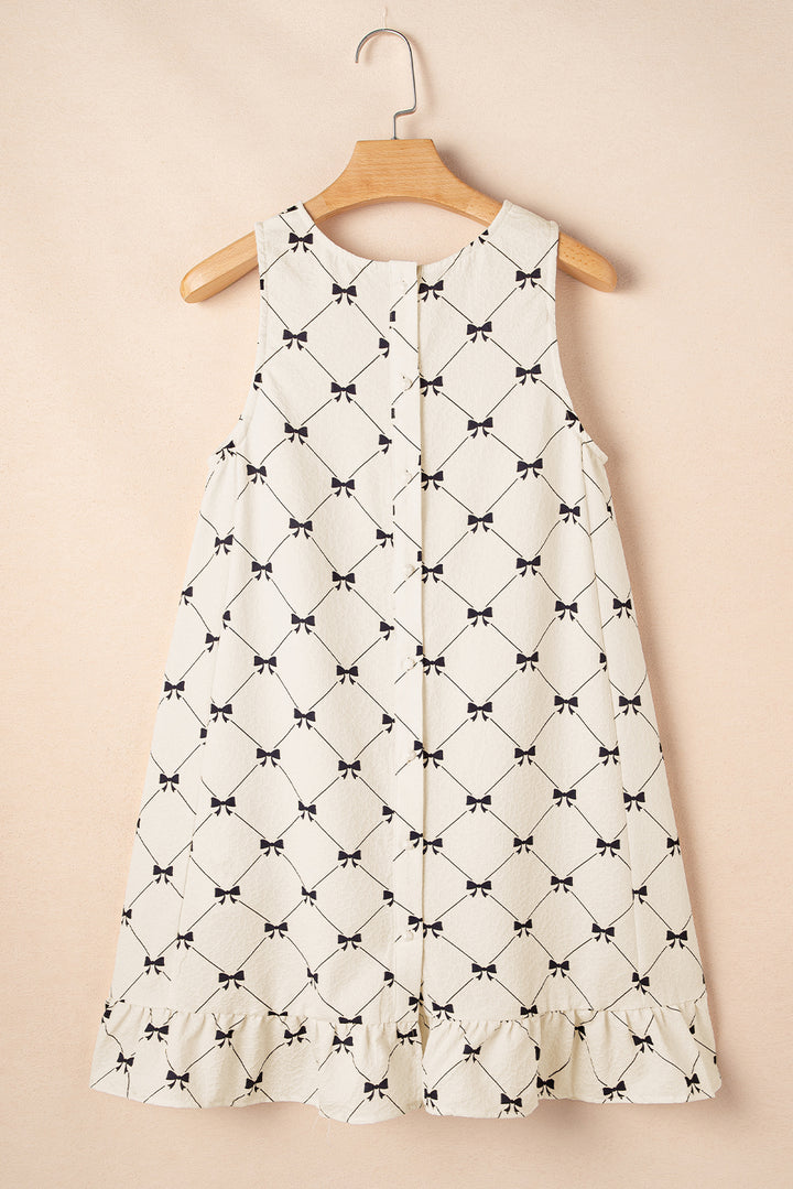 White Bow Checker Pearled Buttons Back Ruffled Sleeveless Mini Dress