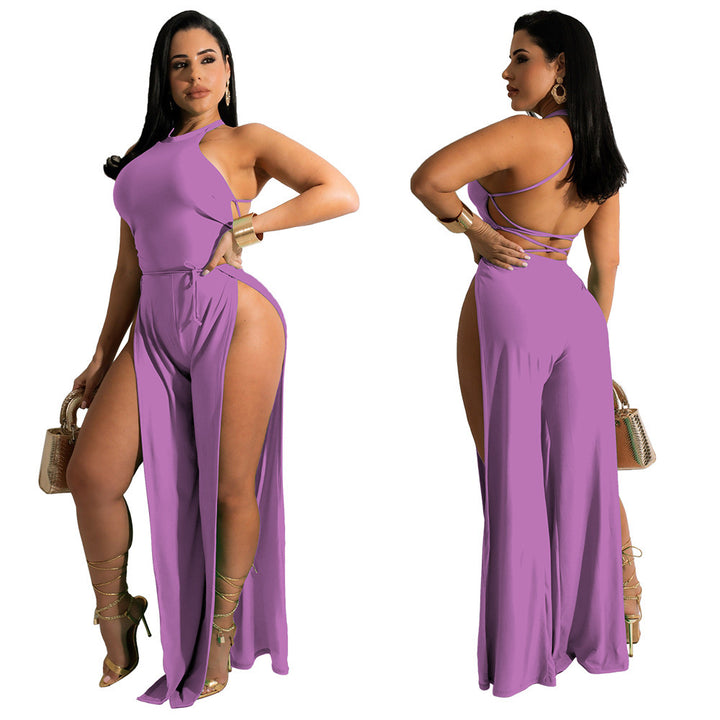 Sleeveless Lace Up Women's Pants Slit Jumpsuit