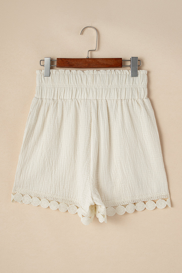 Apricot Textured Frilled Knotted High Waist Lace Hem Shorts