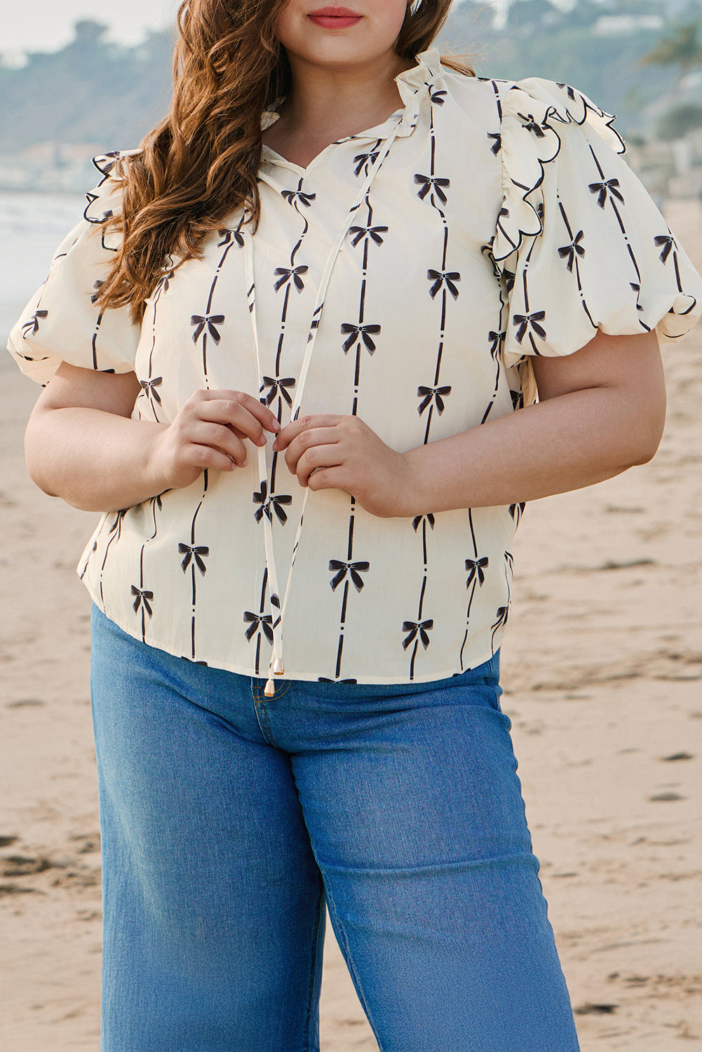 Apricot Bow Printed Ruffled Bubble Sleeve Lace-up Notched Neck Plus Size Blouse