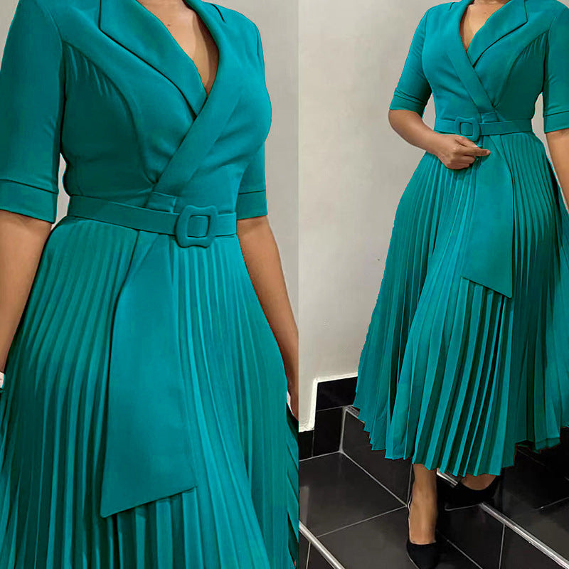 OL Fashion Tailored Collar Pleat And Waisted Plus Size Africa Dress