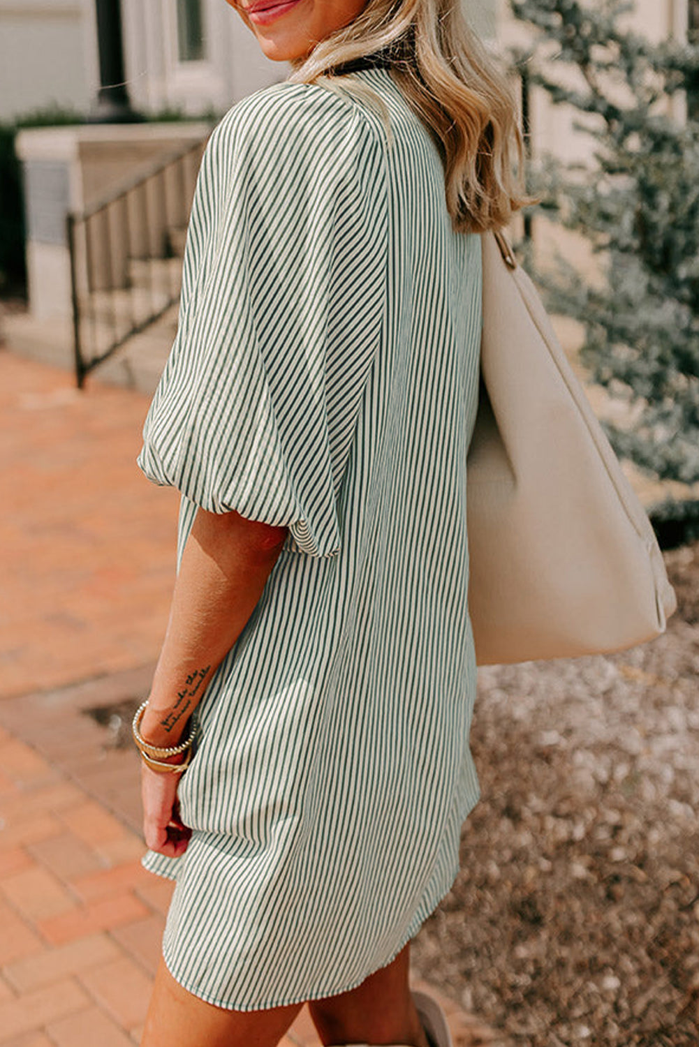 Green Patch Pockets Button Down Short Puff Sleeve Dress